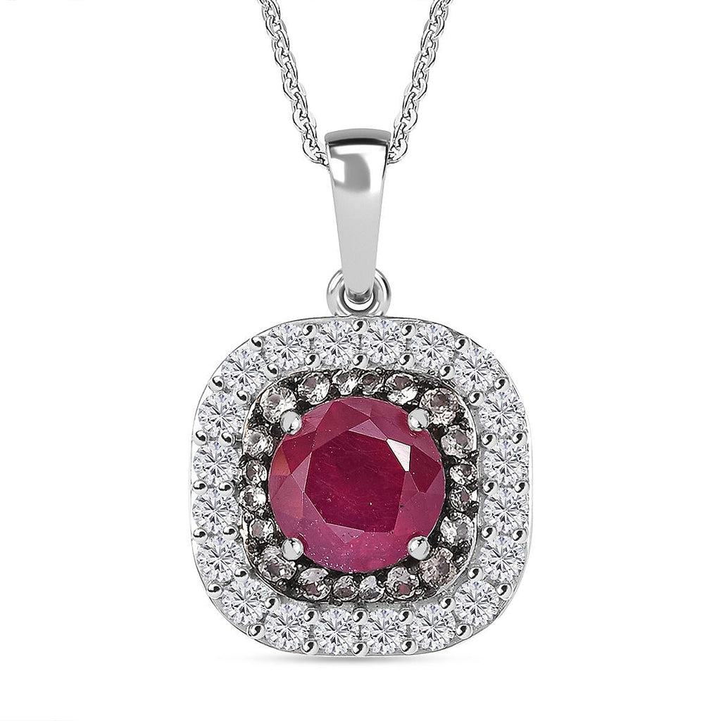 African Ruby, White Zircon & Natural Champagne Zircon Pendant with Chain (Size - 20) in Rhodium Overlay Sterling Silver 3.56 Ct.