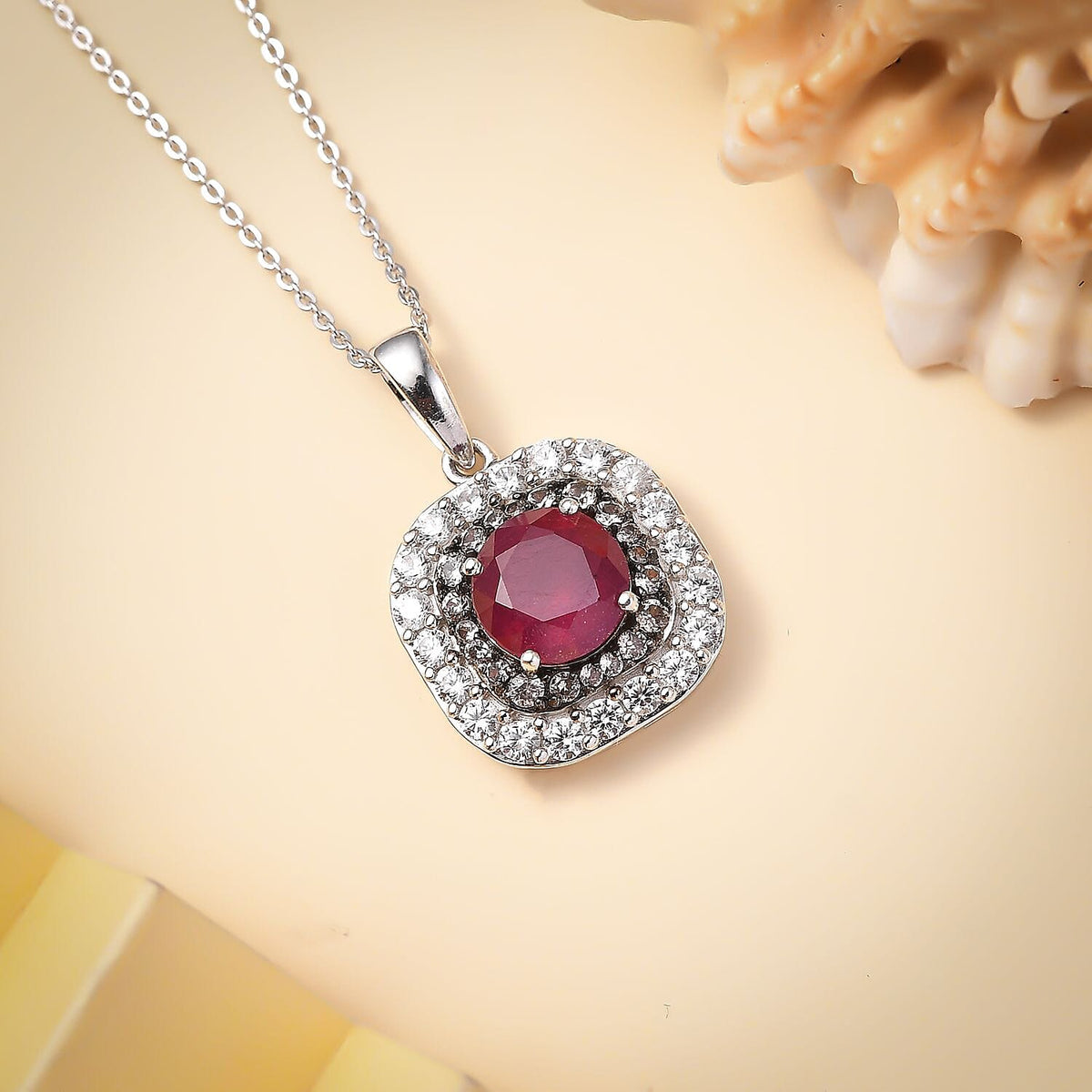 African Ruby, White Zircon &amp; Natural Champagne Zircon Pendant with Chain (Size - 20) in Rhodium Overlay Sterling Silver 3.56 Ct. 4339392 1