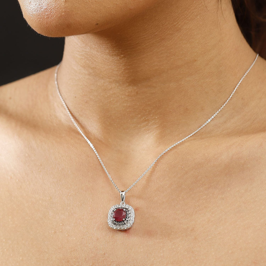 African Ruby, White Zircon & Natural Champagne Zircon Pendant with Chain (Size - 20) in Rhodium Overlay Sterling Silver 3.56 Ct.
