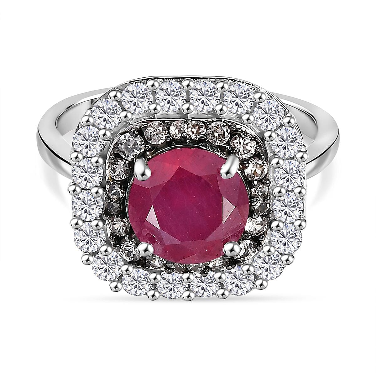 African Ruby, White Zircon &amp; Natural Champagne Zircon Ring in Rhodium Overlay Sterling Silver 4.08 Ct. 8035800 0