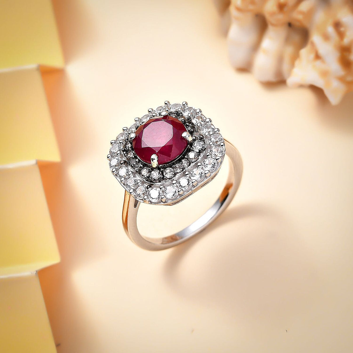 African Ruby, White Zircon &amp; Natural Champagne Zircon Ring in Rhodium Overlay Sterling Silver 4.08 Ct. 8035800 1