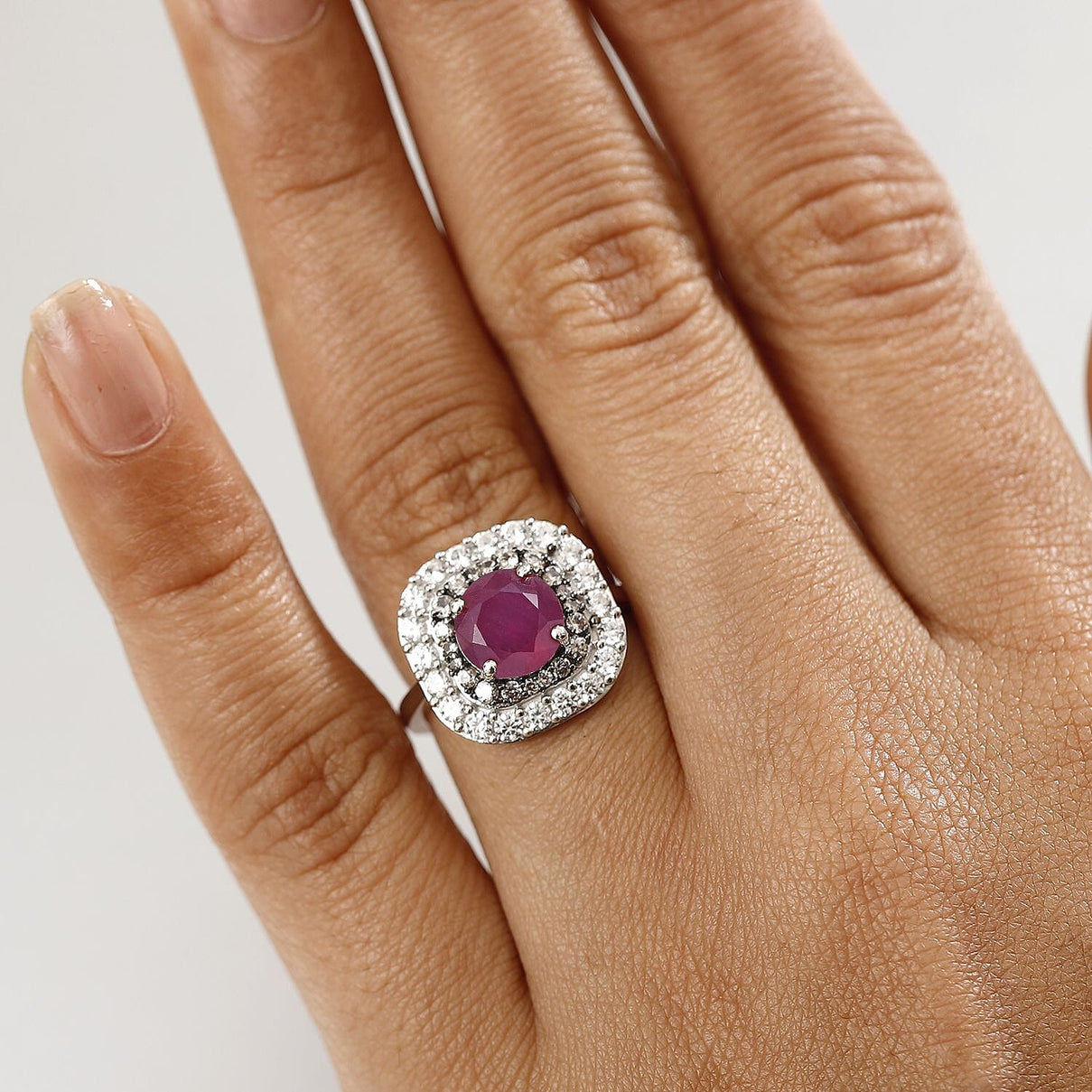 African Ruby, White Zircon &amp; Natural Champagne Zircon Ring in Rhodium Overlay Sterling Silver 4.08 Ct. 8035800 2