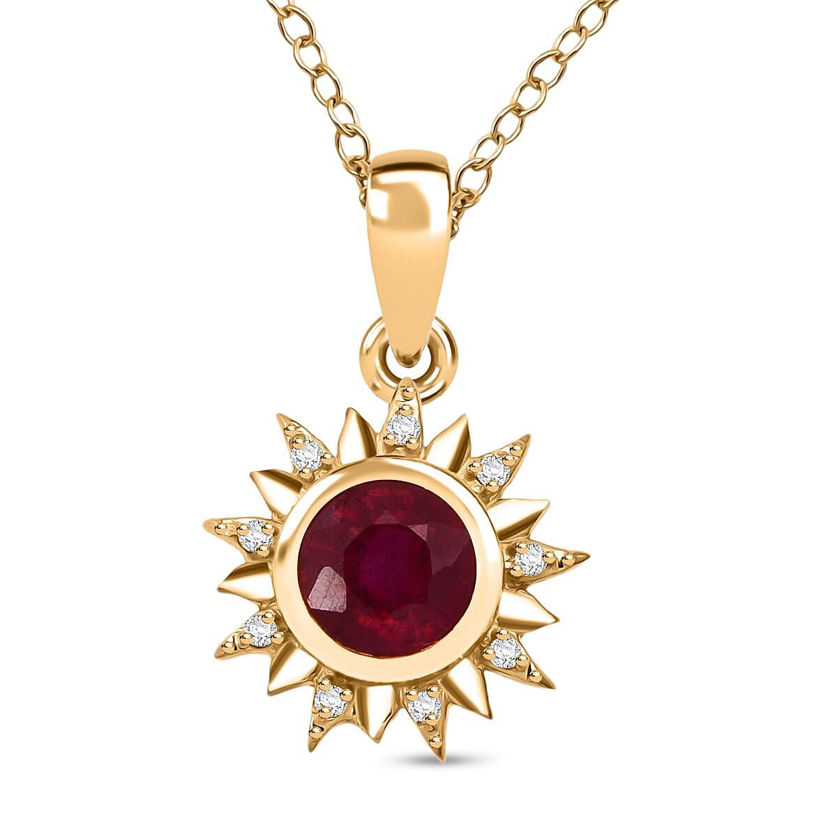 D'Joy African Ruby &amp; White Zircon Sunburst Pendant with Chain (Size 20) in Yellow Gold Plated Sterling Silver 1.03 Ct. 4423793 0