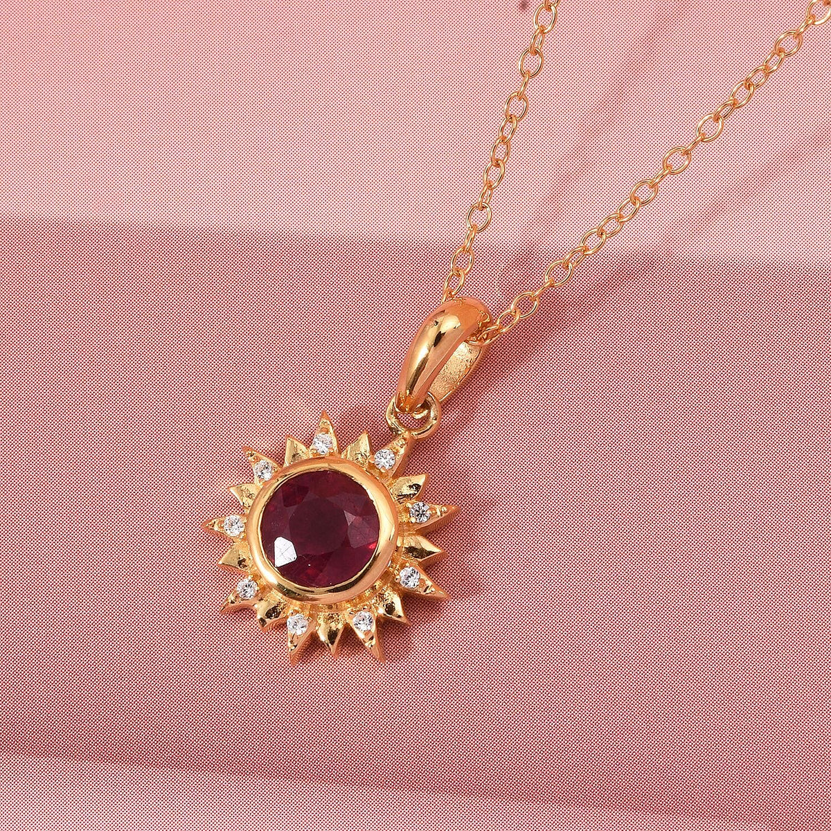 D'Joy African Ruby &amp; White Zircon Sunburst Pendant with Chain (Size 20) in Yellow Gold Plated Sterling Silver 1.03 Ct. 4423793 2