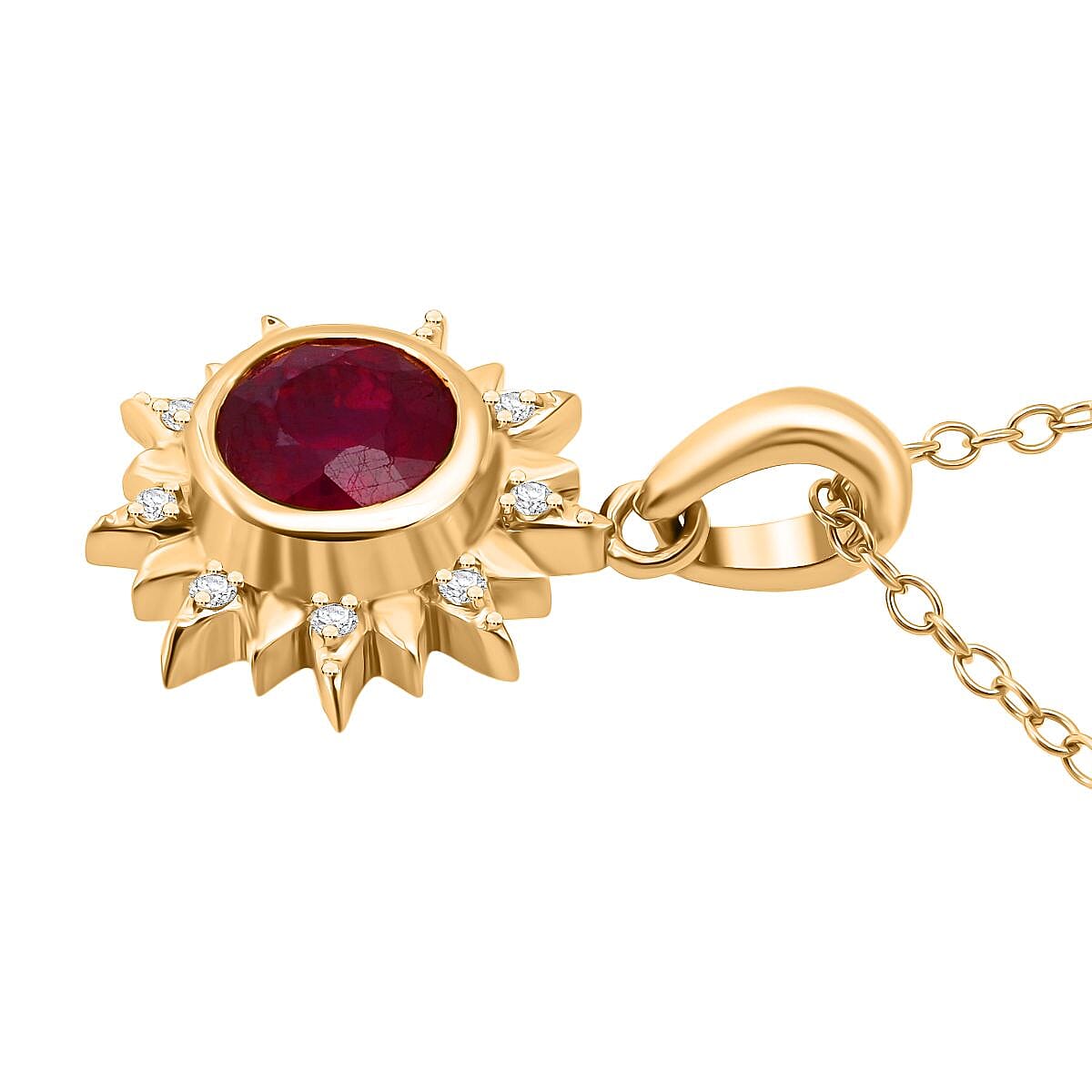 D'Joy African Ruby &amp; White Zircon Sunburst Pendant with Chain (Size 20) in Yellow Gold Plated Sterling Silver 1.03 Ct. 4423793 4
