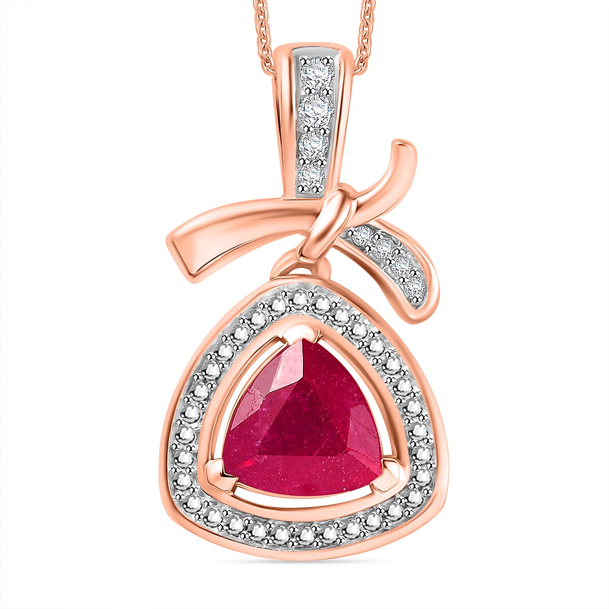 African Ruby &amp; White Zircon Pendant with Chain (Size - 20) in 18K Vermeil Rose Gold Plated Sterling Silver 1.61 Ct. 4354922 0
