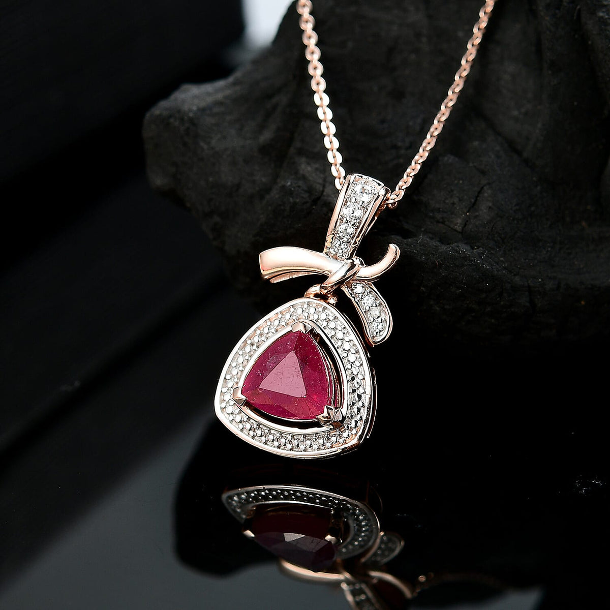 African Ruby &amp; White Zircon Pendant with Chain (Size - 20) in 18K Vermeil Rose Gold Plated Sterling Silver 1.61 Ct. 4354922 2