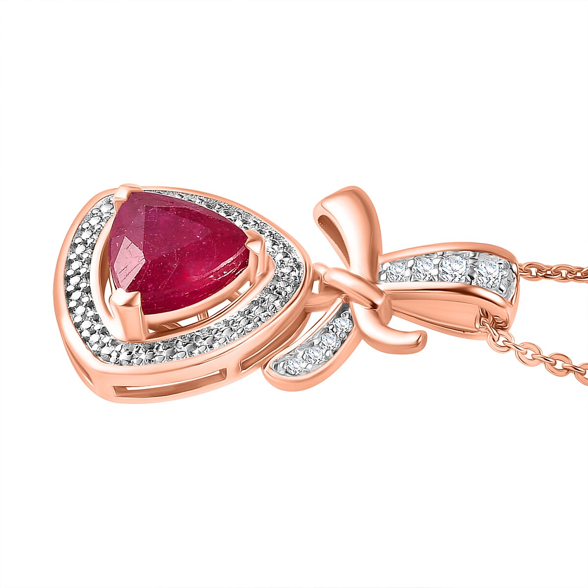 African Ruby &amp; White Zircon Pendant with Chain (Size - 20) in 18K Vermeil Rose Gold Plated Sterling Silver 1.61 Ct. 4354922 3