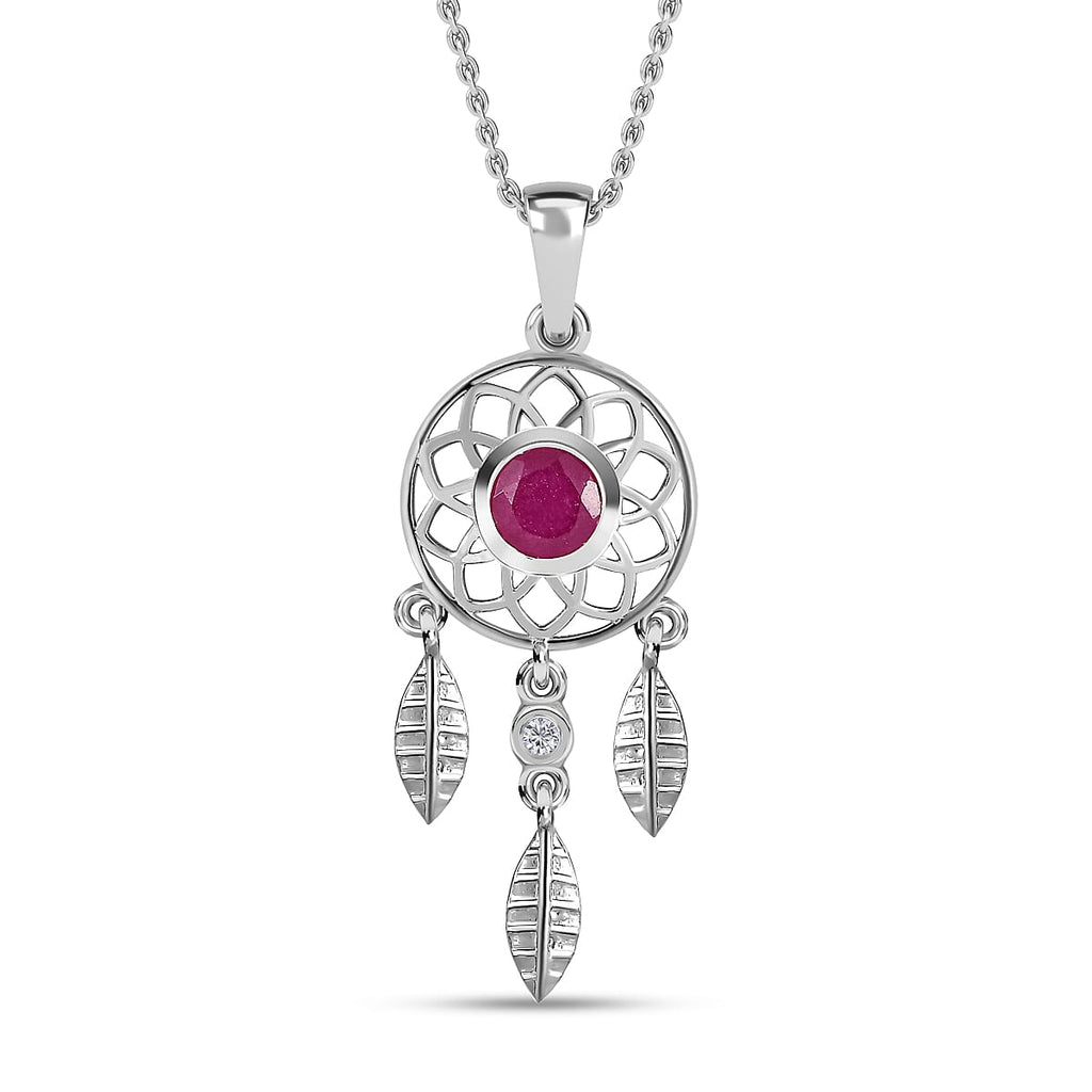 African Ruby and Natural Zircon Dream Catcher Pendant with Chain (Size 20) in Platinum Overlay Sterling Silver