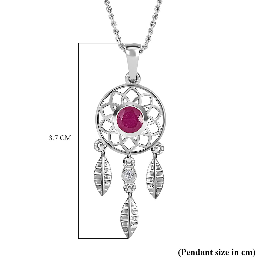 African Ruby and Natural Zircon Dream Catcher Pendant with Chain (Size 20) in Platinum Overlay Sterling Silver