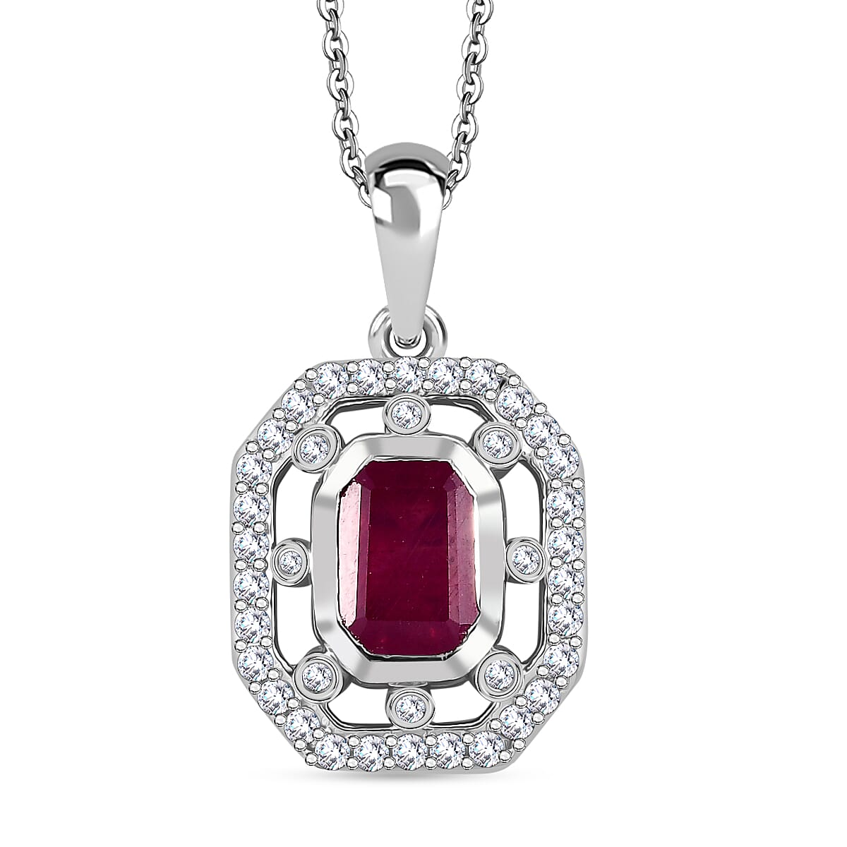 African Ruby &amp; White Zircon Pendant with Chain (Size - 20) in Rhodium Overlay Sterling Silver 2.32 Ct. 4341579 0