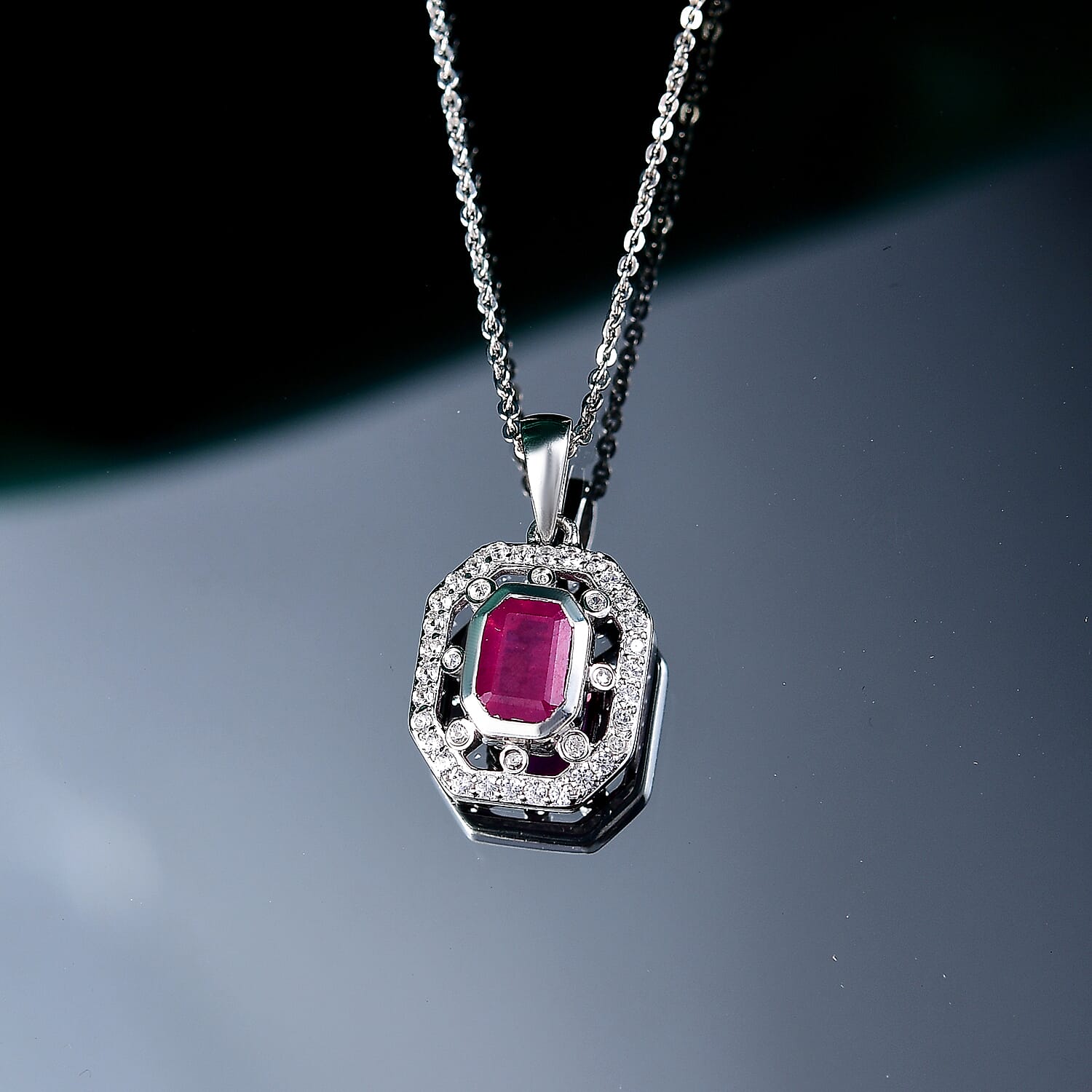 African Ruby &amp; White Zircon Pendant with Chain (Size - 20) in Rhodium Overlay Sterling Silver 2.32 Ct. 4341579 1