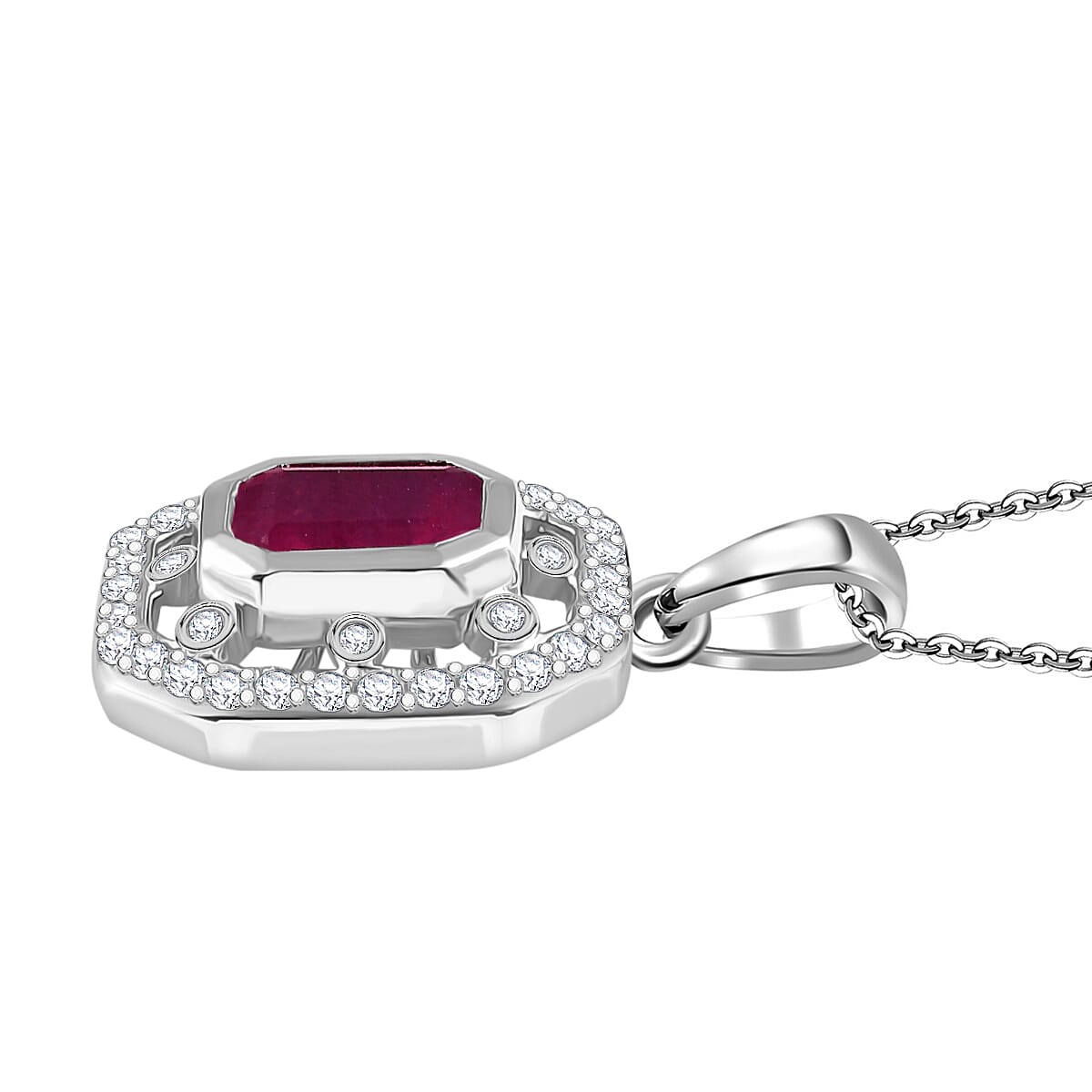 African Ruby &amp; White Zircon Pendant with Chain (Size - 20) in Rhodium Overlay Sterling Silver 2.32 Ct. 4341579 3
