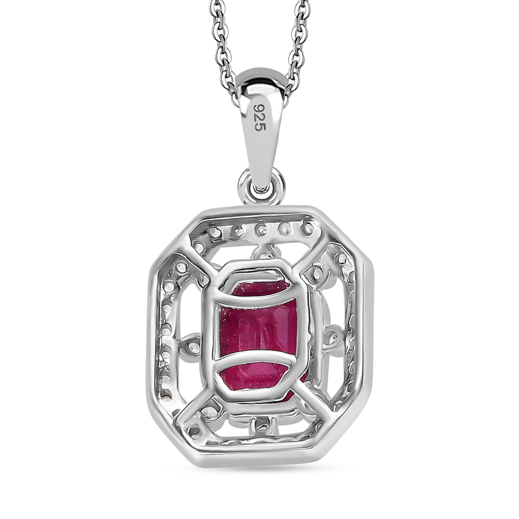African Ruby & White Zircon Pendant with Chain (Size - 20) in Rhodium Overlay Sterling Silver 2.32 Ct.