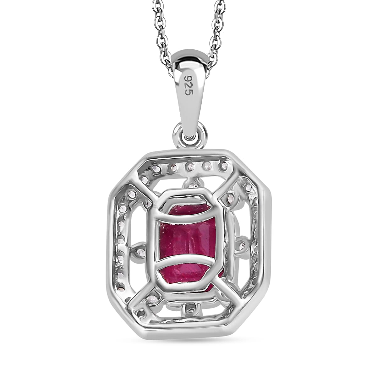 African Ruby &amp; White Zircon Pendant with Chain (Size - 20) in Rhodium Overlay Sterling Silver 2.32 Ct. 4341579 4