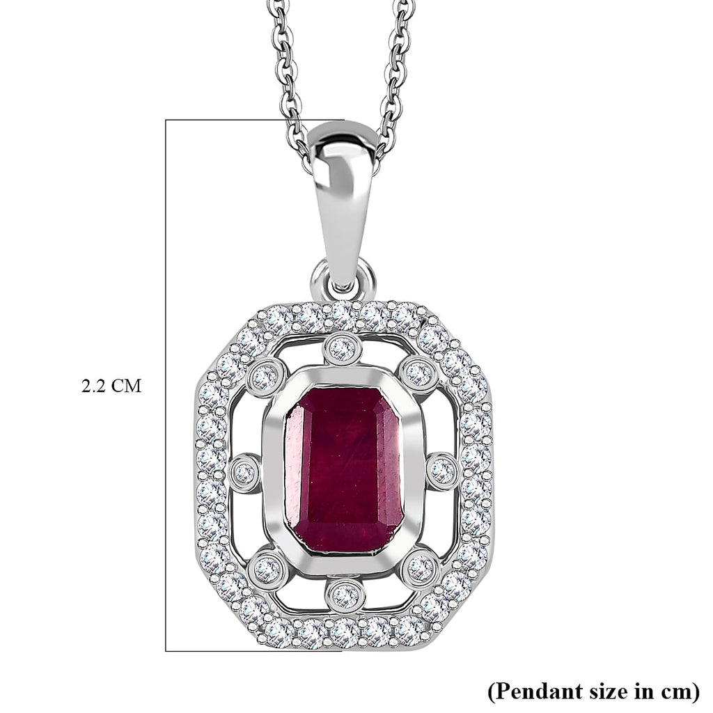 African Ruby & White Zircon Pendant with Chain (Size - 20) in Rhodium Overlay Sterling Silver 2.32 Ct.