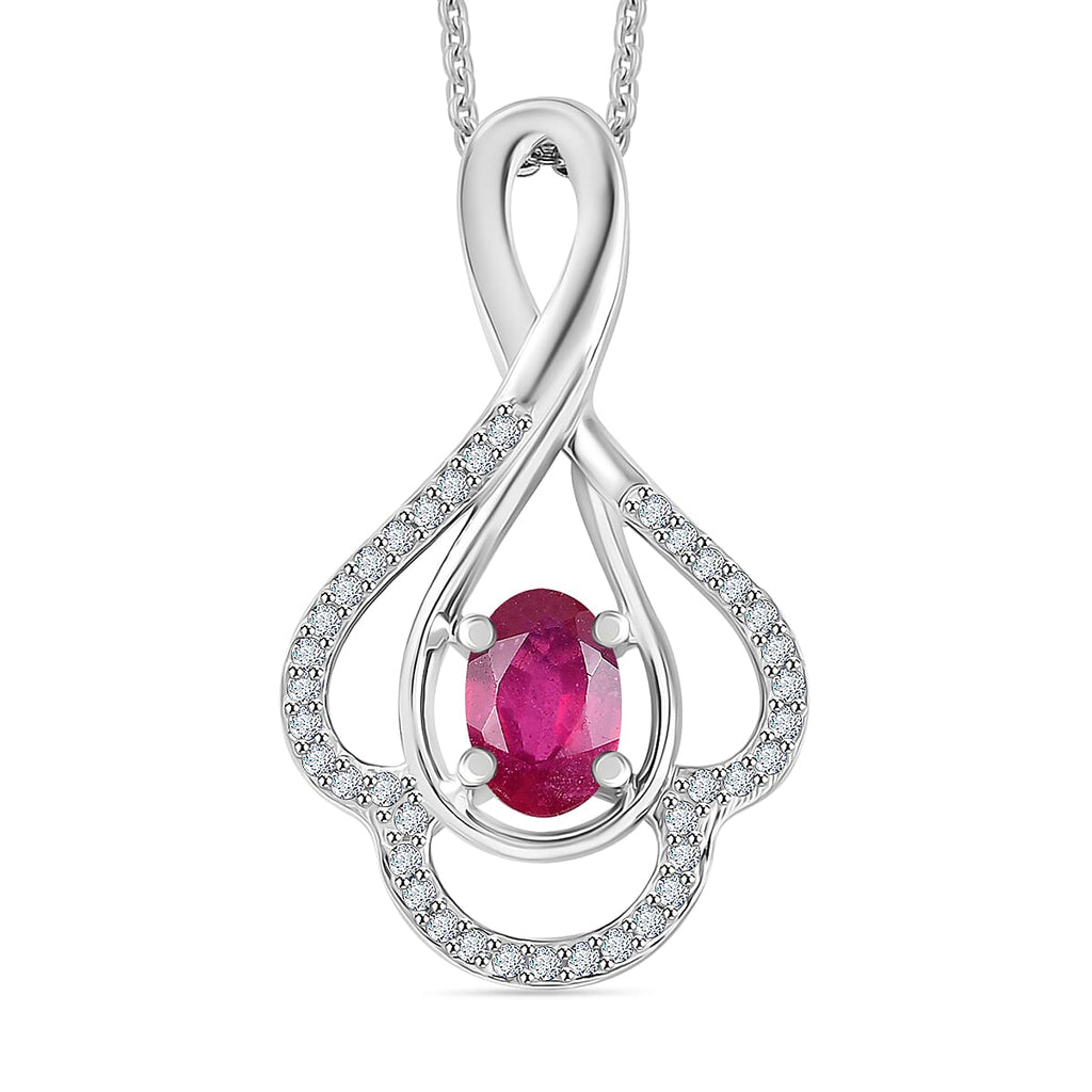 African Ruby & White Zircon Pendant with Chain (Size - 20) in Rhodium Overlay Sterling Silver 0.865ct