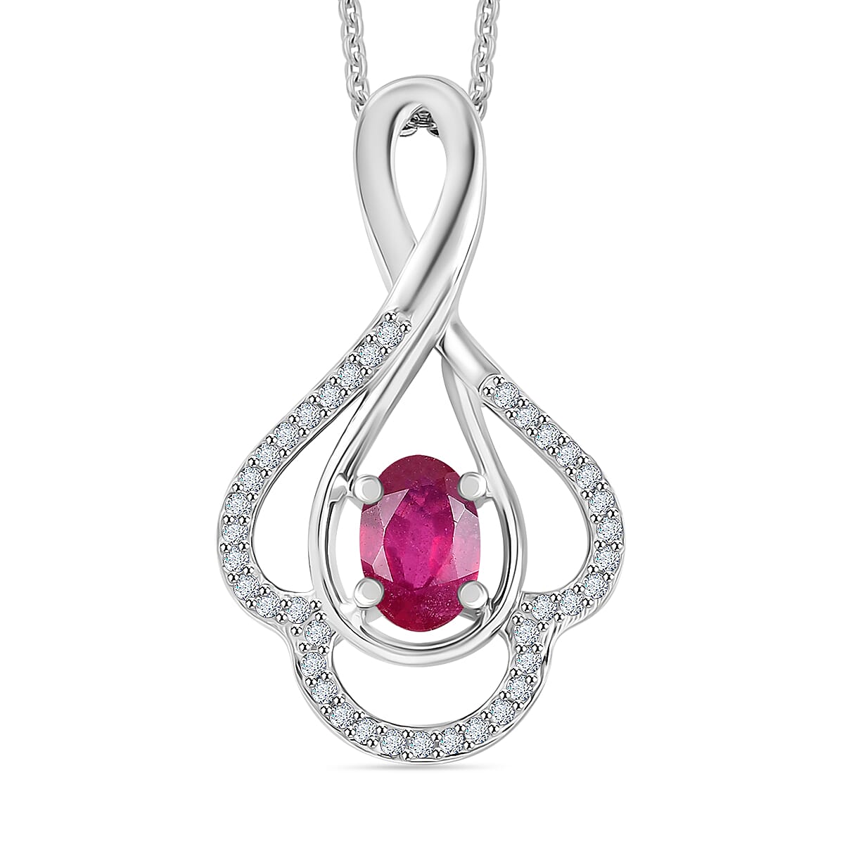 African Ruby &amp; White Zircon Pendant with Chain (Size - 20) in Rhodium Overlay Sterling Silver 0.865ct 4355537 0