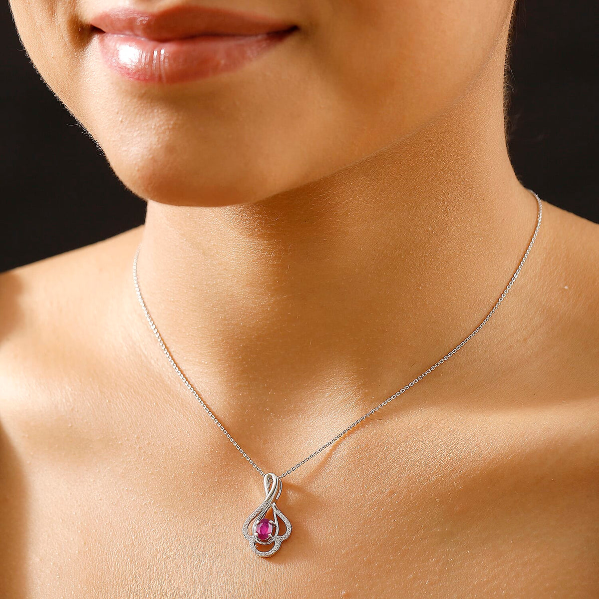 African Ruby &amp; White Zircon Pendant with Chain (Size - 20) in Rhodium Overlay Sterling Silver 0.865ct 4355537 2