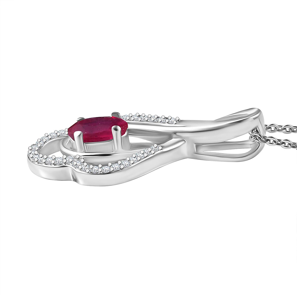 African Ruby &amp; White Zircon Pendant with Chain (Size - 20) in Rhodium Overlay Sterling Silver 0.865ct 4355537 4
