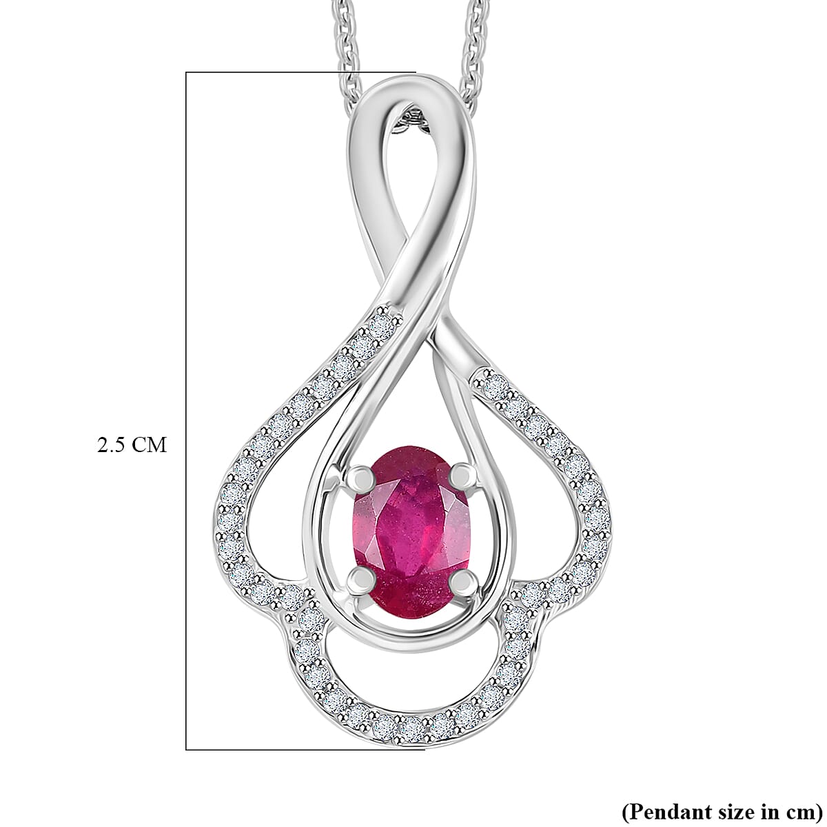 African Ruby &amp; White Zircon Pendant with Chain (Size - 20) in Rhodium Overlay Sterling Silver 0.865ct 4355537 7