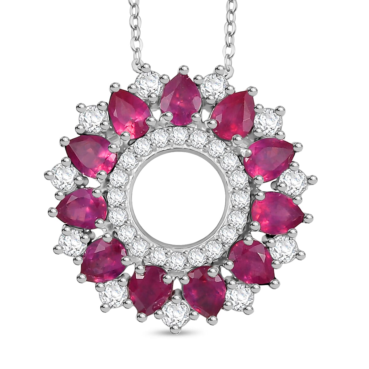 African Ruby, White Zircon Floral Halo Pendant with Chain (Size 20) in Rhodium Overlay Sterling Silver 3.15 Ct. 4402471 0