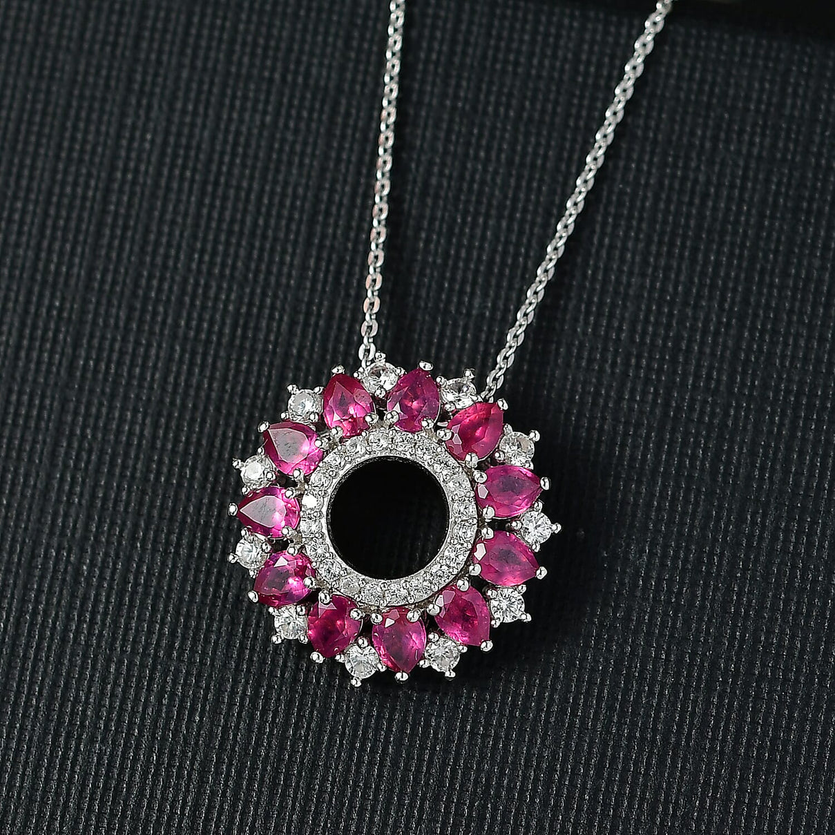 African Ruby, White Zircon Floral Halo Pendant with Chain (Size 20) in Rhodium Overlay Sterling Silver 3.15 Ct. 4402471 2
