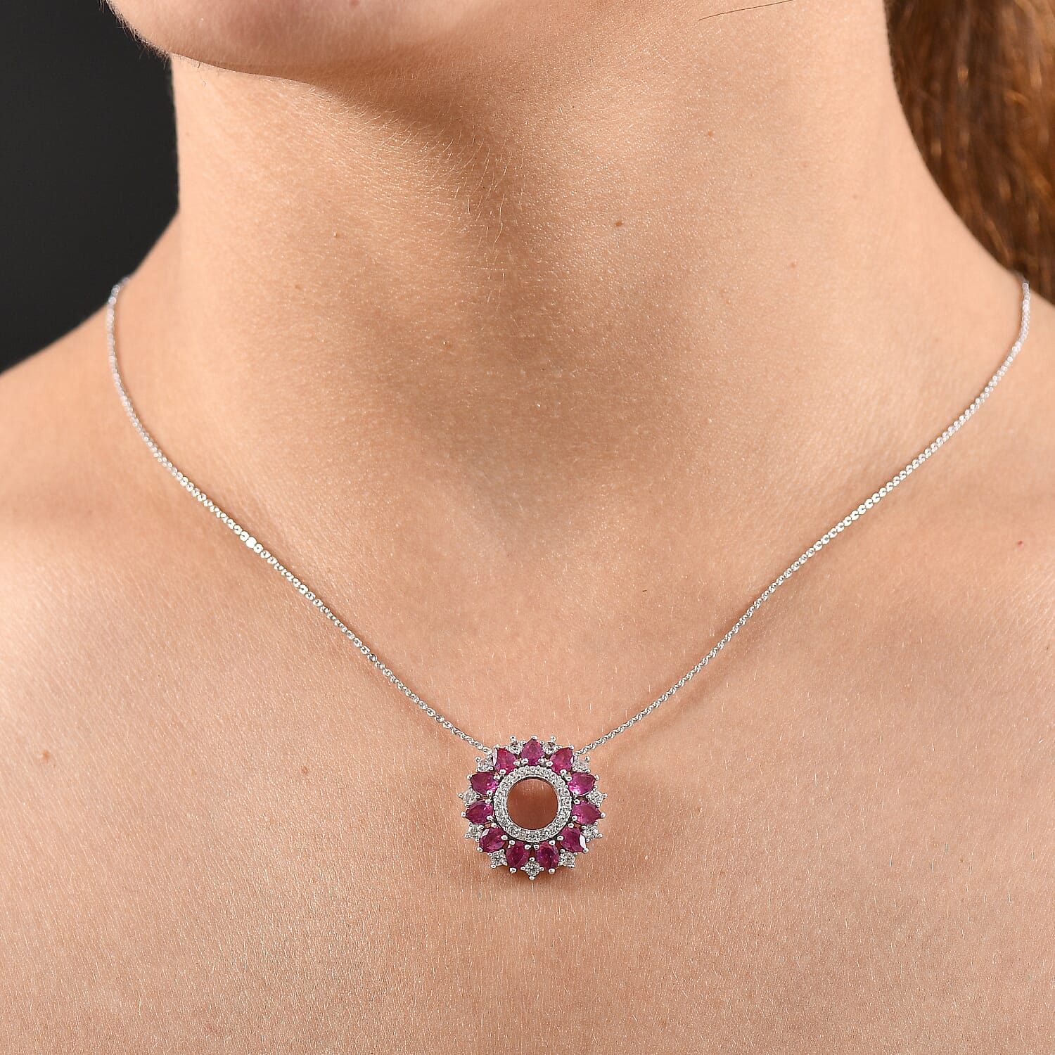 African Ruby, White Zircon Floral Halo Pendant with Chain (Size 20) in Rhodium Overlay Sterling Silver 3.15 Ct. 4402471 3