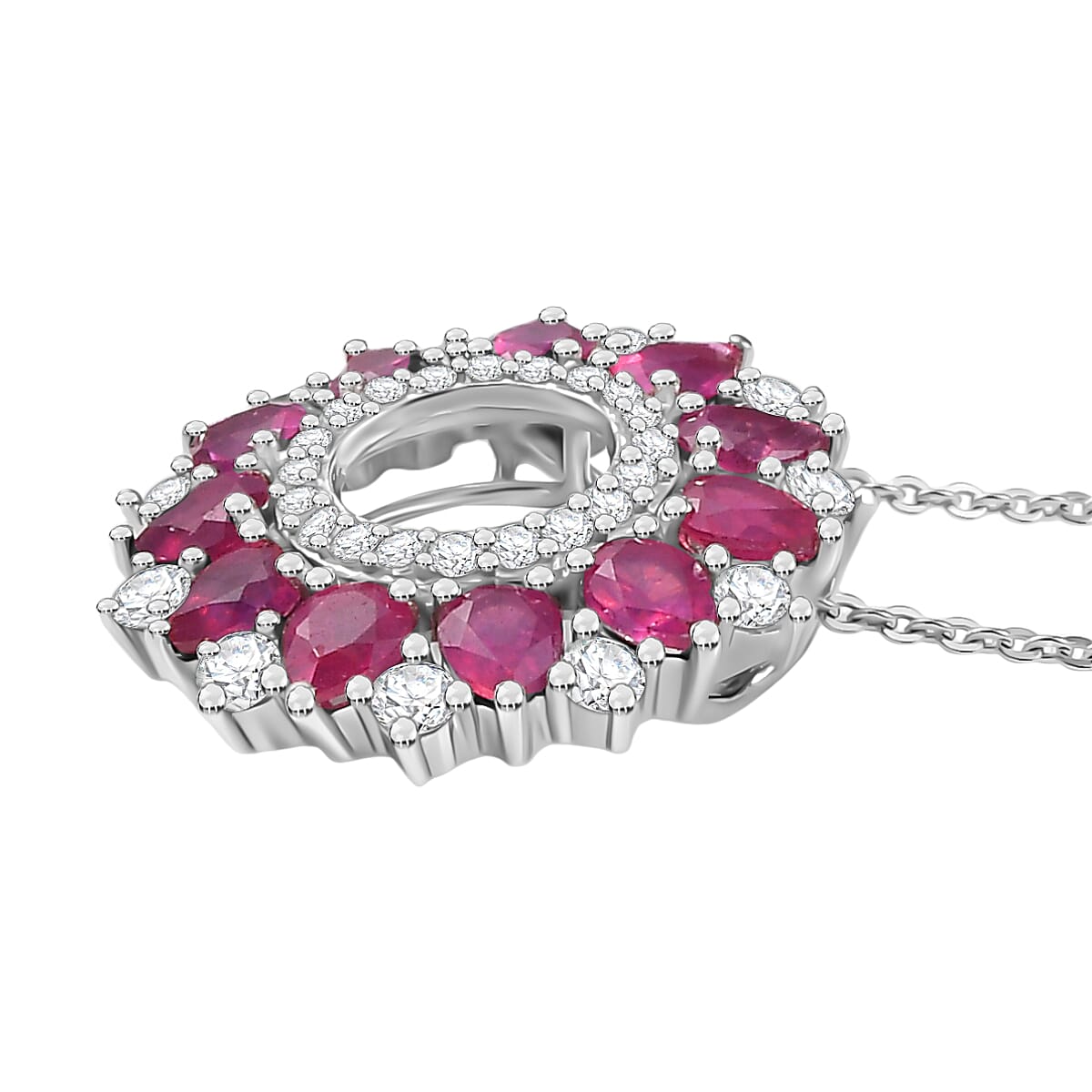 African Ruby, White Zircon Floral Halo Pendant with Chain (Size 20) in Rhodium Overlay Sterling Silver 3.15 Ct. 4402471 4