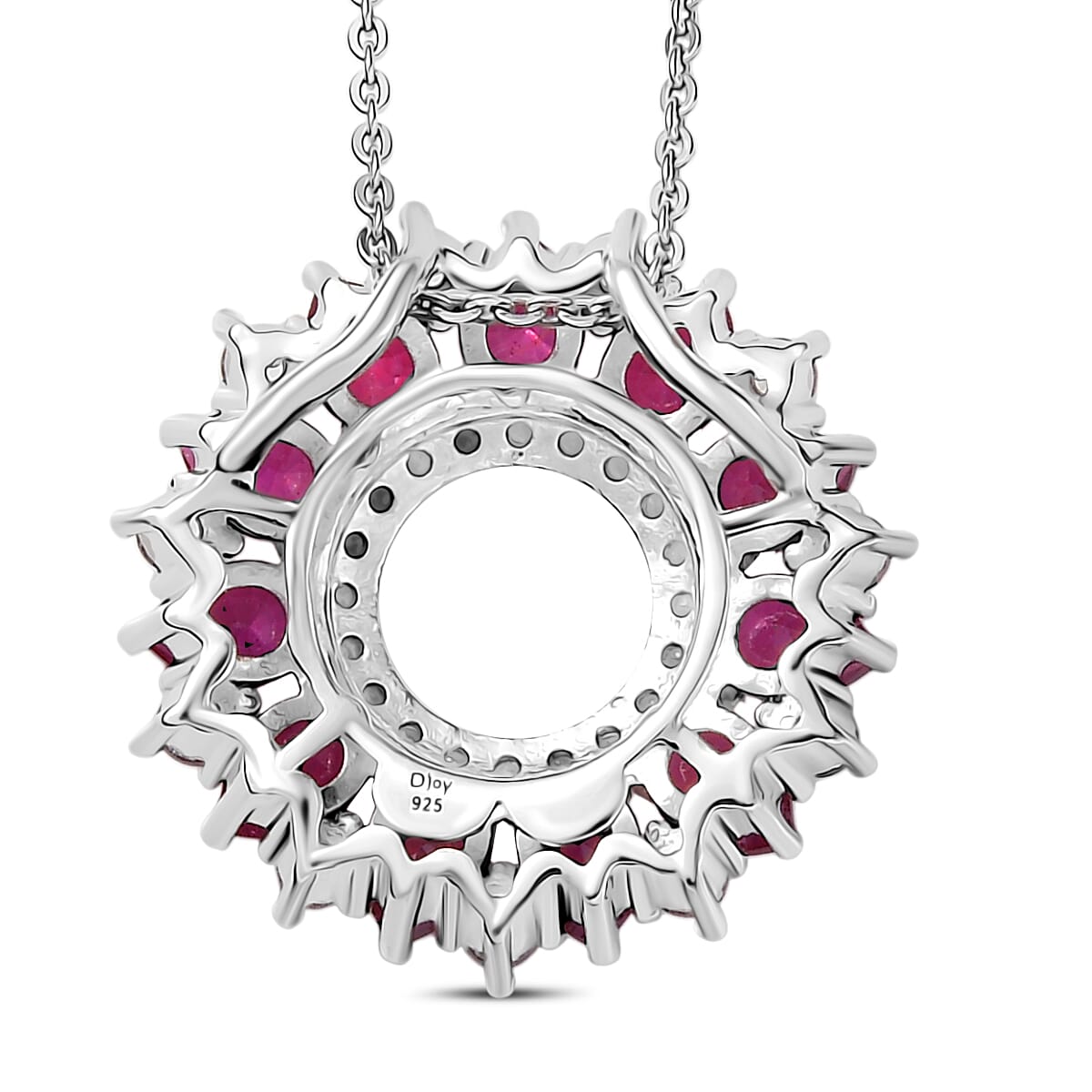 African Ruby, White Zircon Floral Halo Pendant with Chain (Size 20) in Rhodium Overlay Sterling Silver 3.15 Ct. 4402471 5