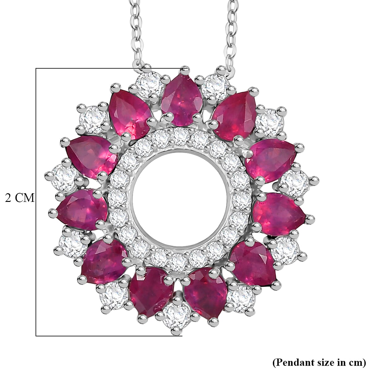 African Ruby, White Zircon Floral Halo Pendant with Chain (Size 20) in Rhodium Overlay Sterling Silver 3.15 Ct. 4402471 6