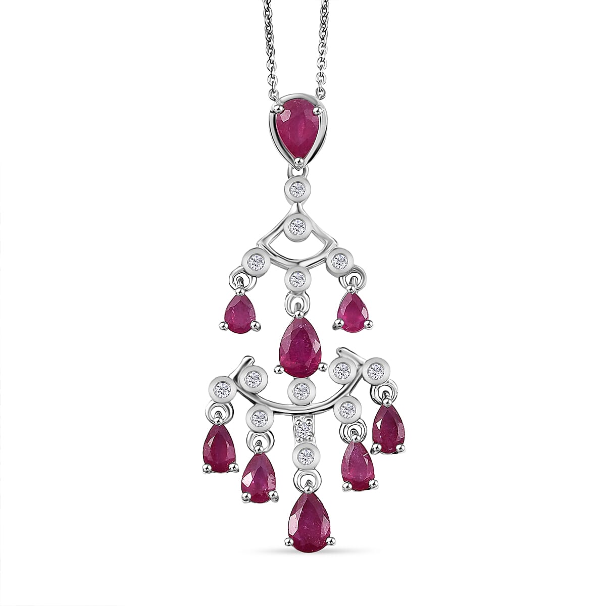 AAA African Ruby &amp; White Zircon Pendant with Chain (Size 20) in Rhodium Overlay Sterling Silver 3.29 Ct, Silver Wt. 6.28 Gms. 4402976 0