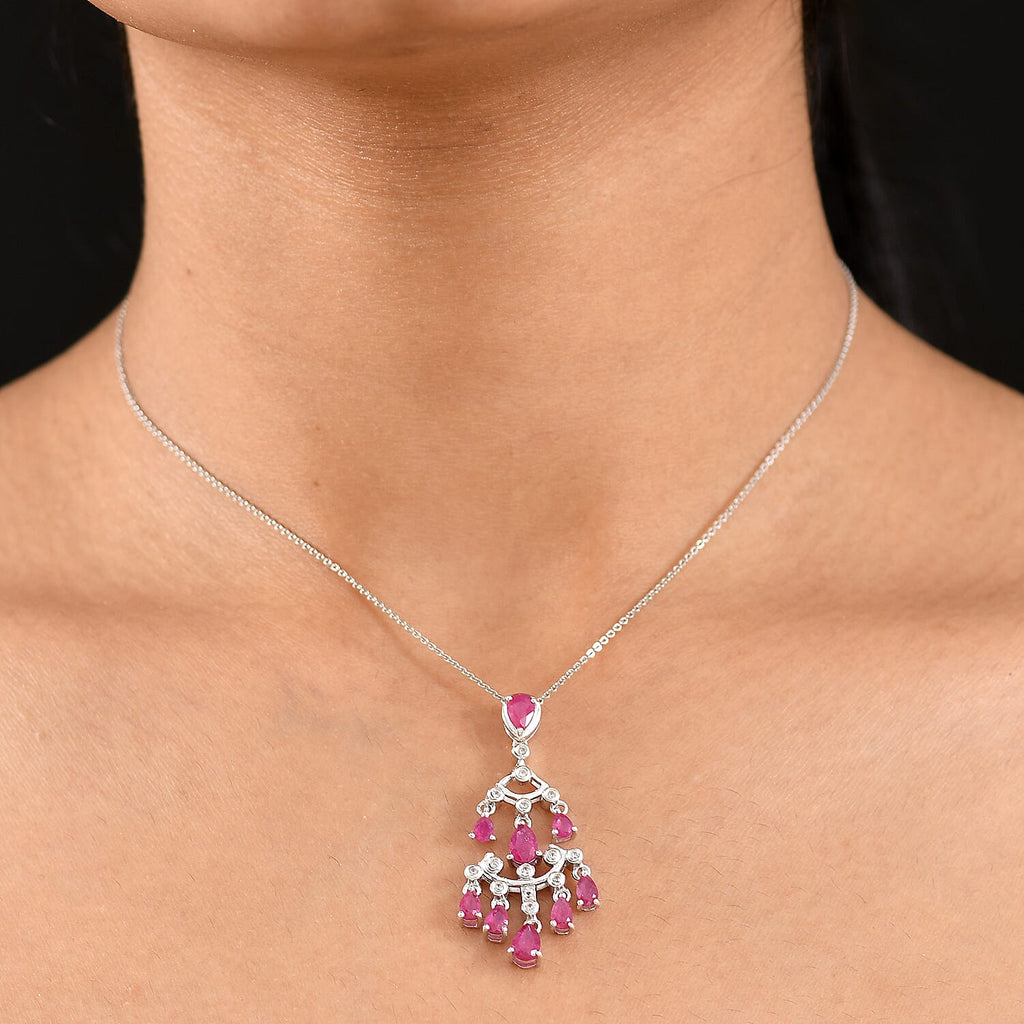 AAA African Ruby & White Zircon Pendant with Chain (Size 20) in Rhodium Overlay Sterling Silver 3.29 Ct, Silver Wt. 6.28 Gms.