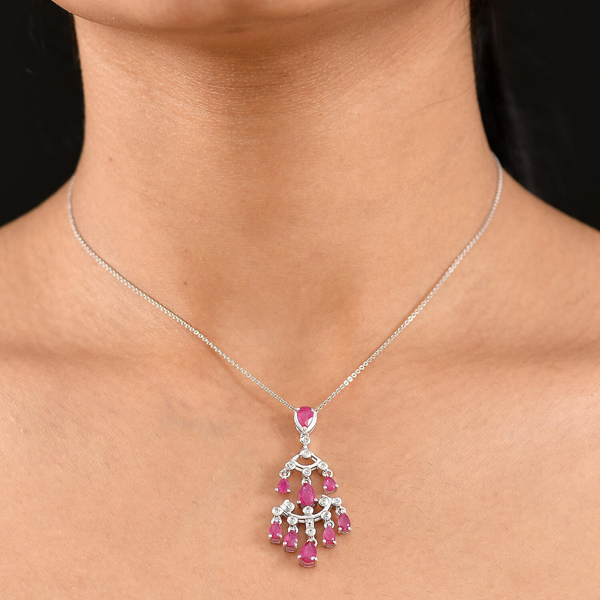 AAA African Ruby &amp; White Zircon Pendant with Chain (Size 20) in Rhodium Overlay Sterling Silver 3.29 Ct, Silver Wt. 6.28 Gms. 4402976 2