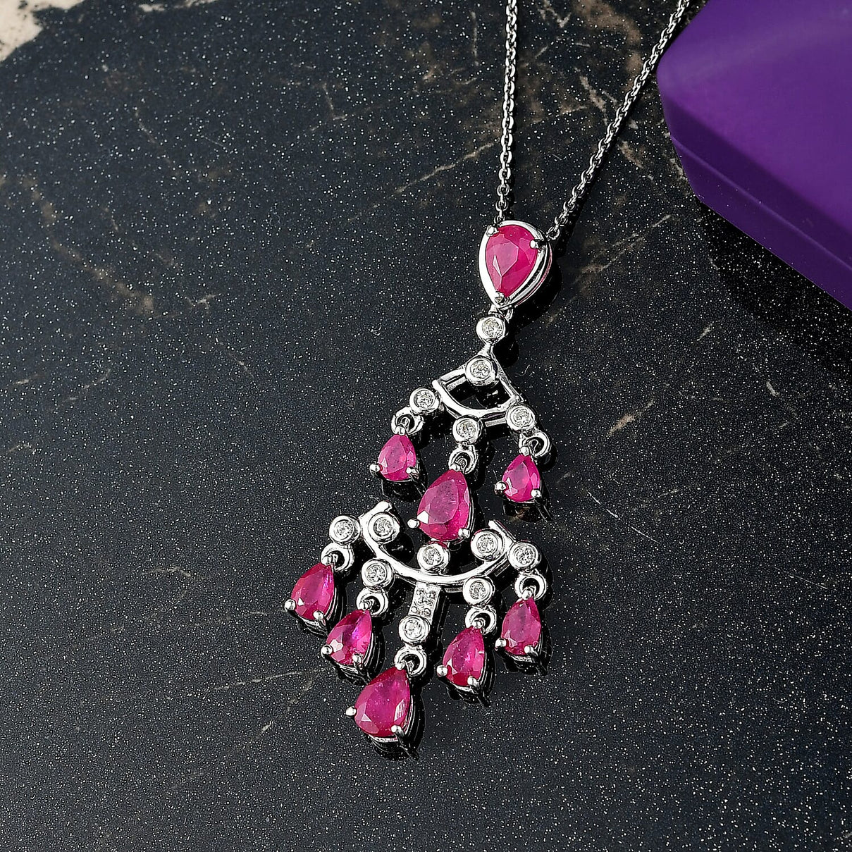 AAA African Ruby &amp; White Zircon Pendant with Chain (Size 20) in Rhodium Overlay Sterling Silver 3.29 Ct, Silver Wt. 6.28 Gms. 4402976 3