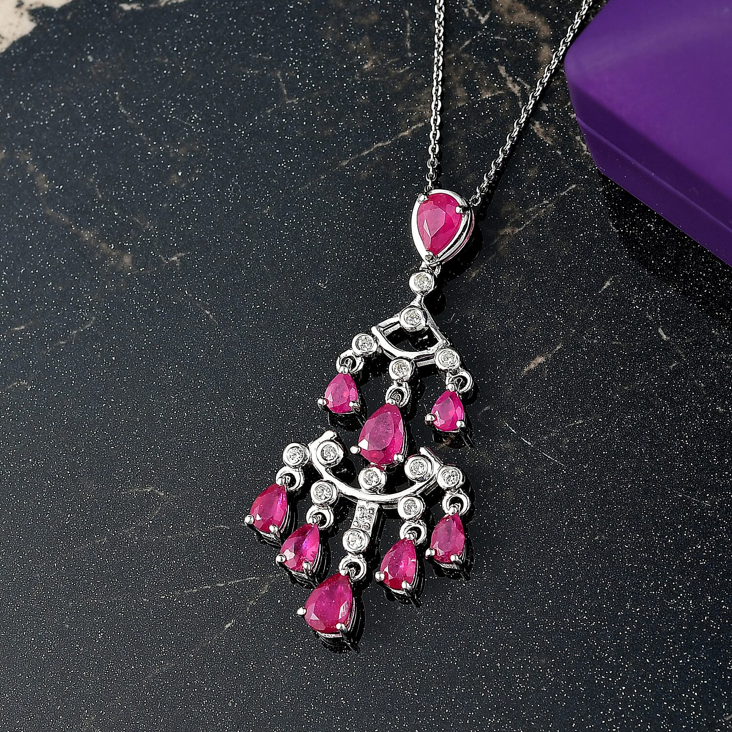 AAA African Ruby &amp; White Zircon Pendant with Chain (Size 20) in Rhodium Overlay Sterling Silver 3.29 Ct, Silver Wt. 6.28 Gms. 4402976 3