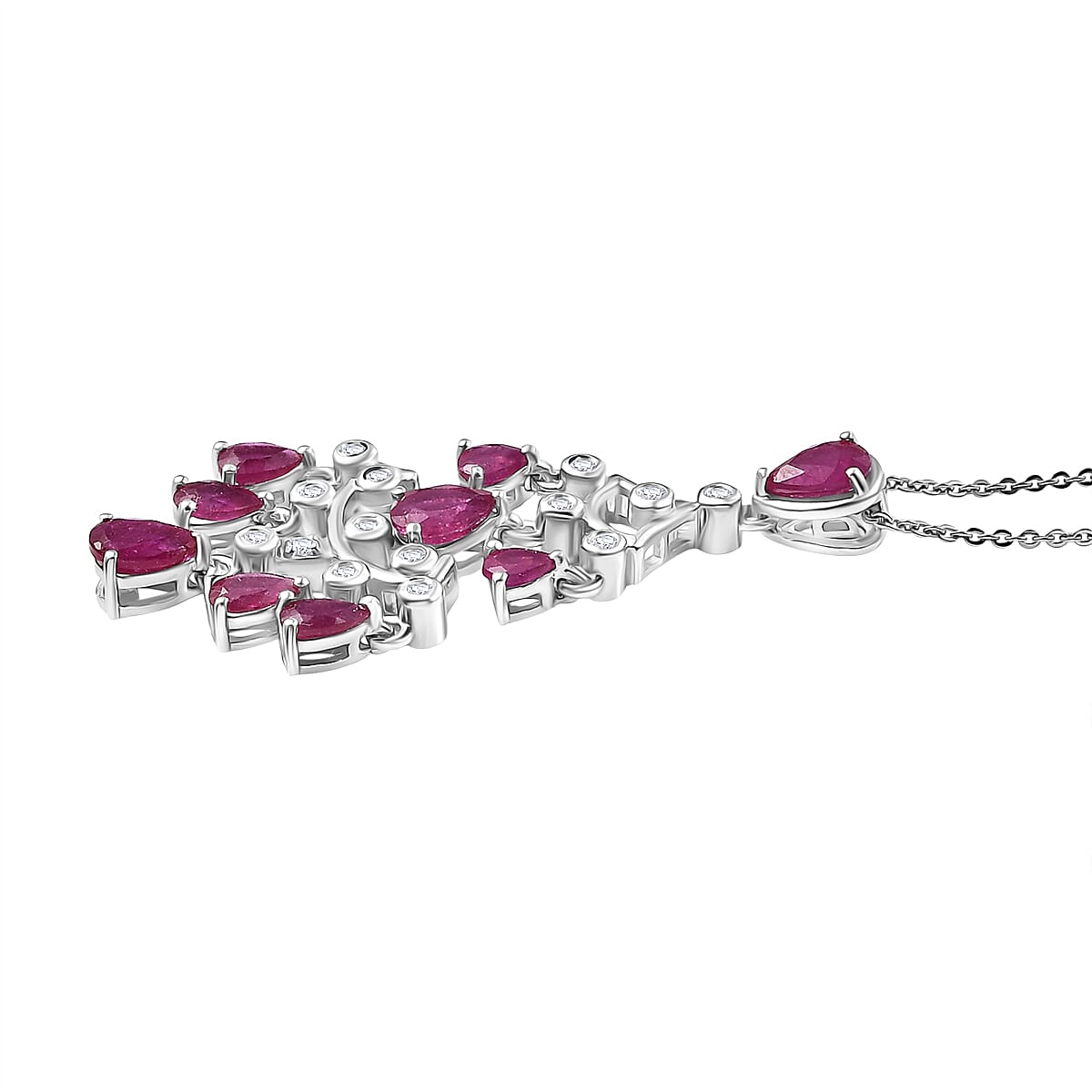 AAA African Ruby &amp; White Zircon Pendant with Chain (Size 20) in Rhodium Overlay Sterling Silver 3.29 Ct, Silver Wt. 6.28 Gms. 4402976 4