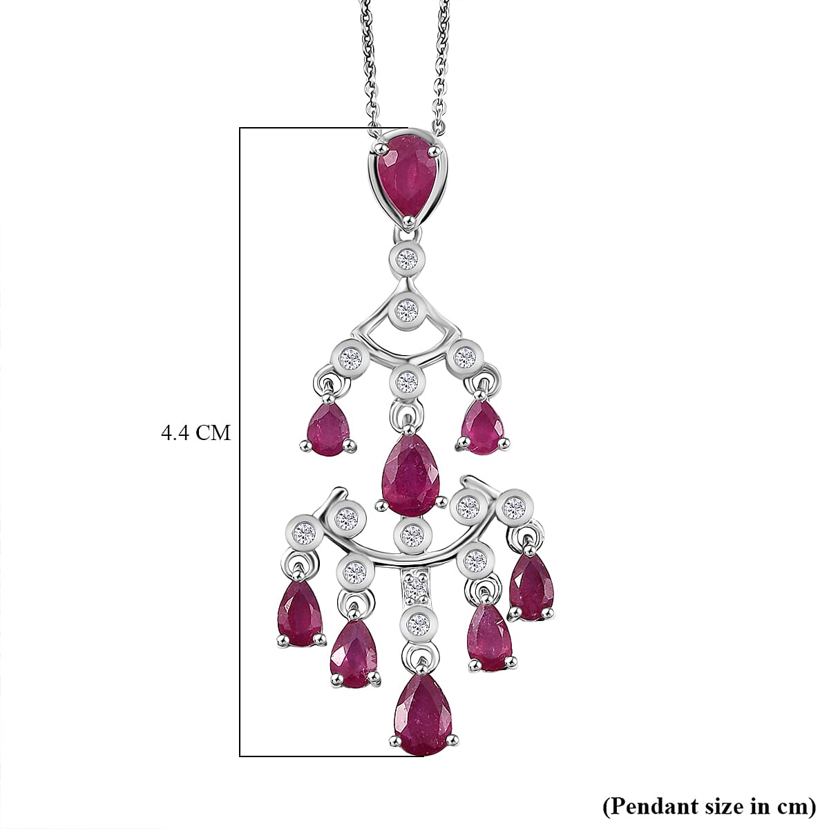 AAA African Ruby &amp; White Zircon Pendant with Chain (Size 20) in Rhodium Overlay Sterling Silver 3.29 Ct, Silver Wt. 6.28 Gms. 4402976 7