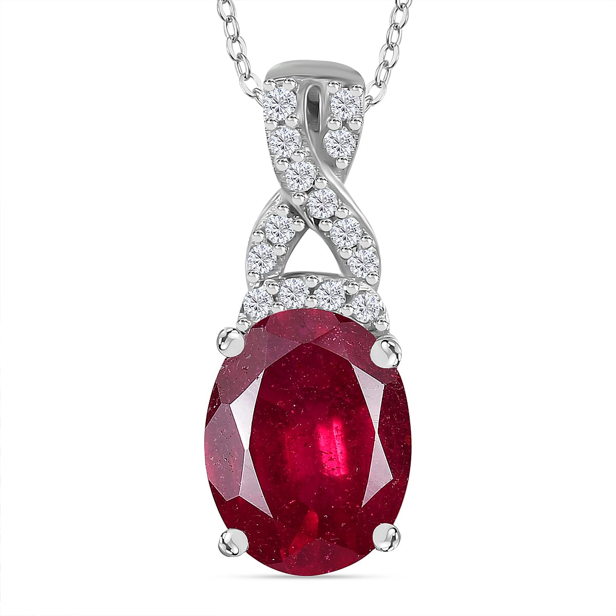 African Ruby, White Zircon Drop Pendant with Chain (Size 20) in Rhodium Ovelray Sterling Silver 4300366 0
