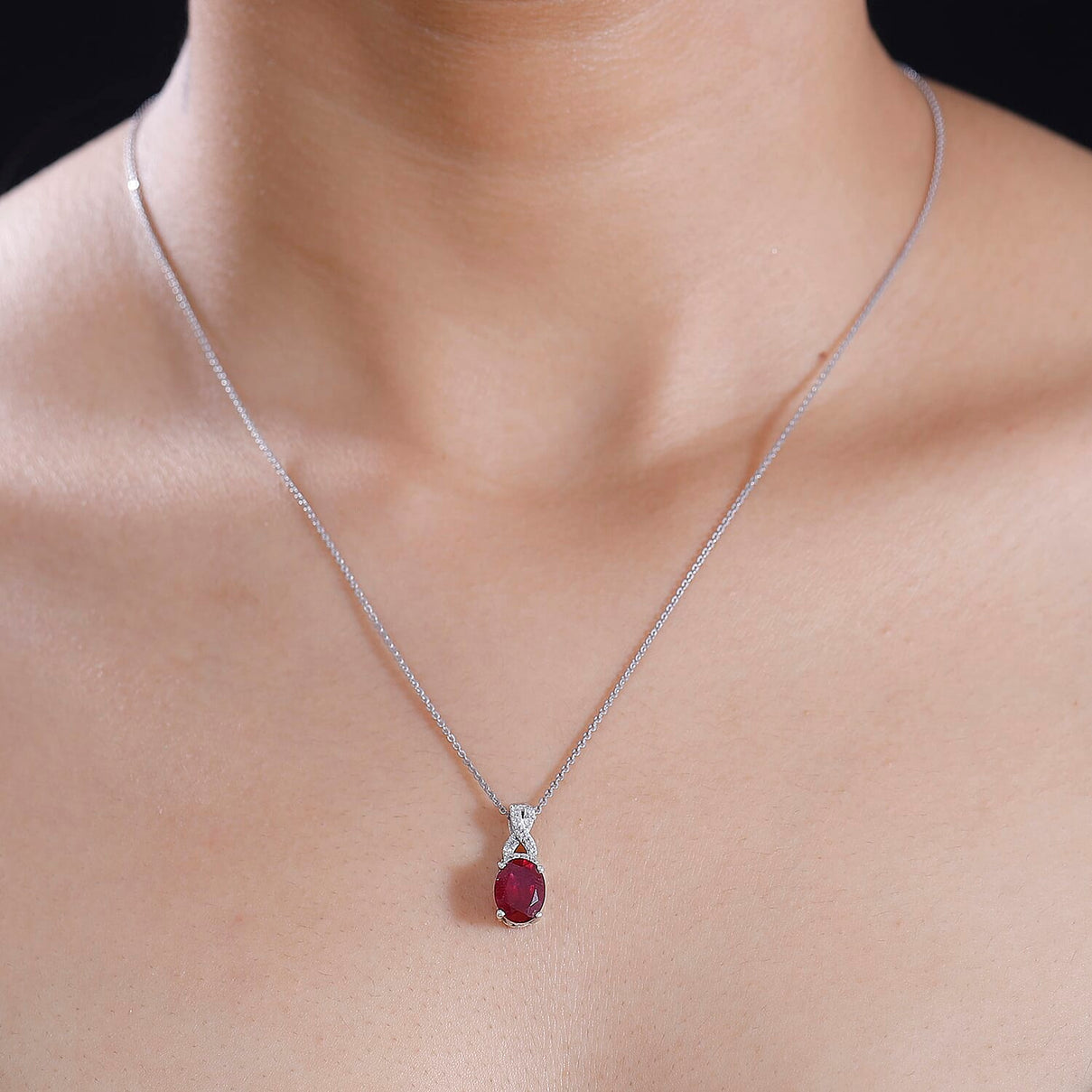 African Ruby, White Zircon Drop Pendant with Chain (Size 20) in Rhodium Ovelray Sterling Silver 4300366 2