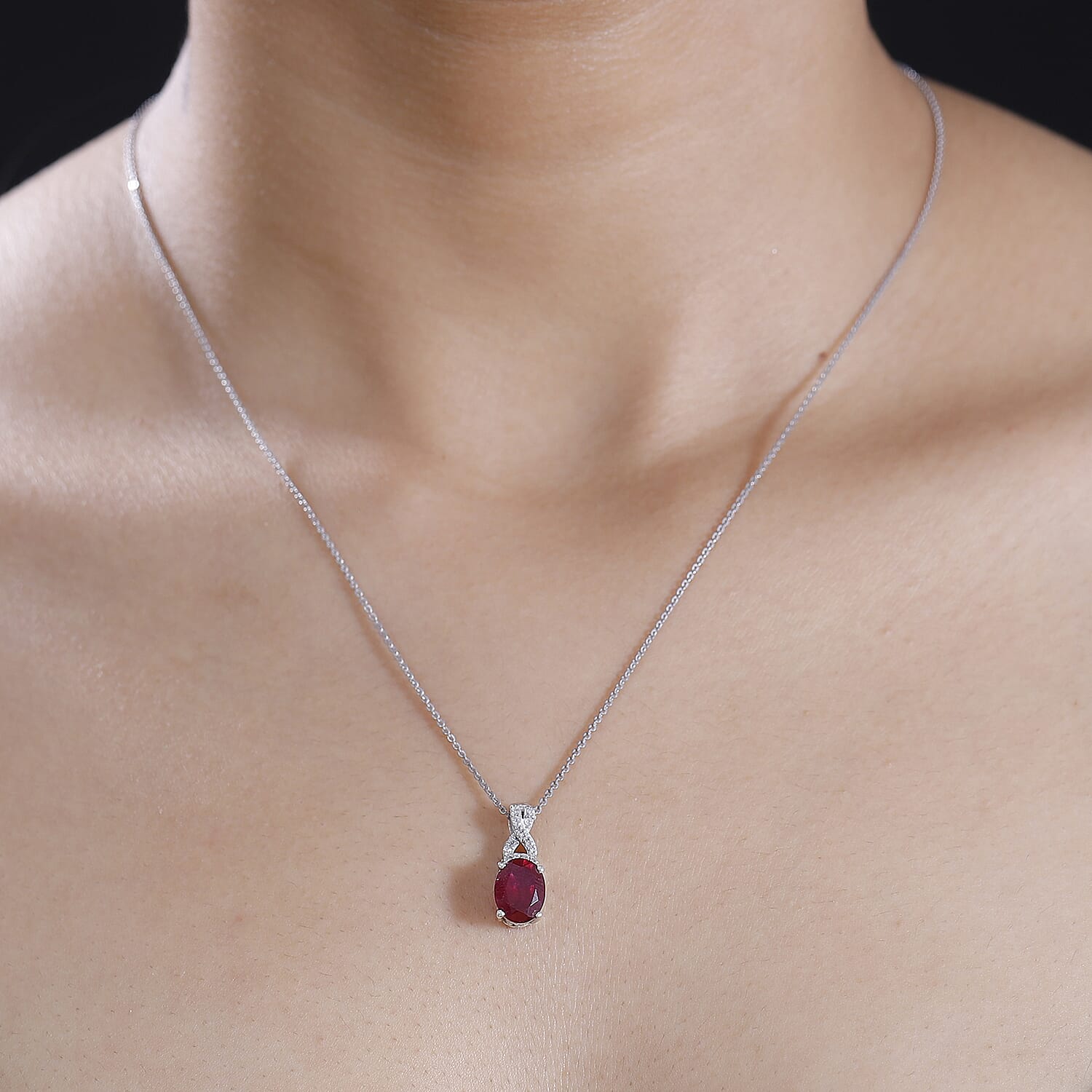 African Ruby, White Zircon Drop Pendant with Chain (Size 20) in Rhodium Ovelray Sterling Silver 4300366 2