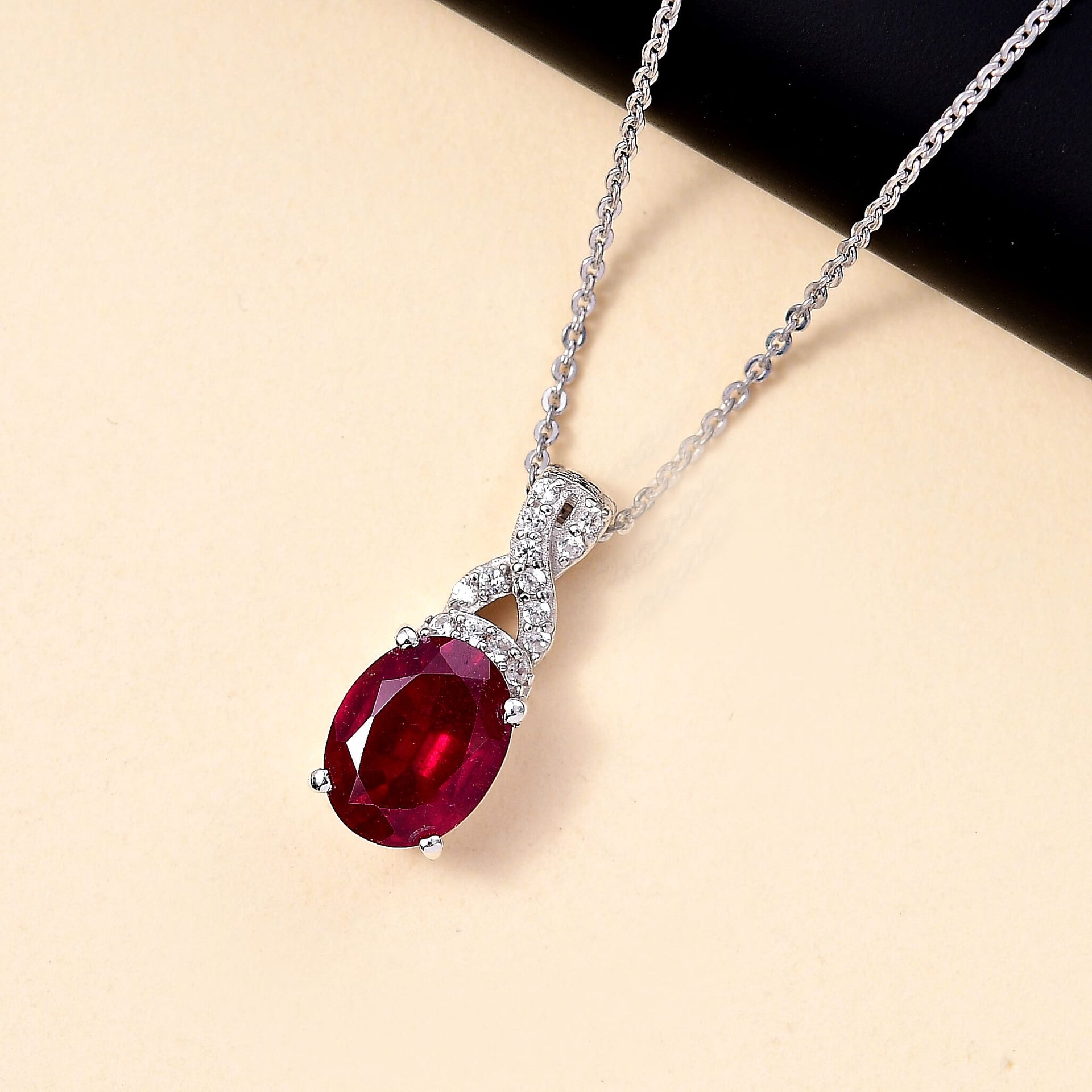 African Ruby, White Zircon Drop Pendant with Chain (Size 20) in Rhodium Ovelray Sterling Silver 4300366 3