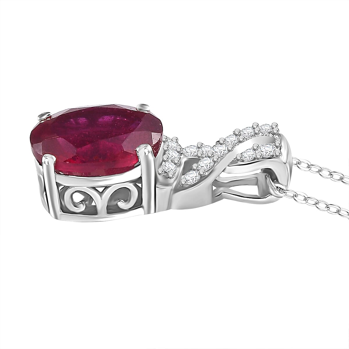 African Ruby, White Zircon Drop Pendant with Chain (Size 20) in Rhodium Ovelray Sterling Silver 4300366 4