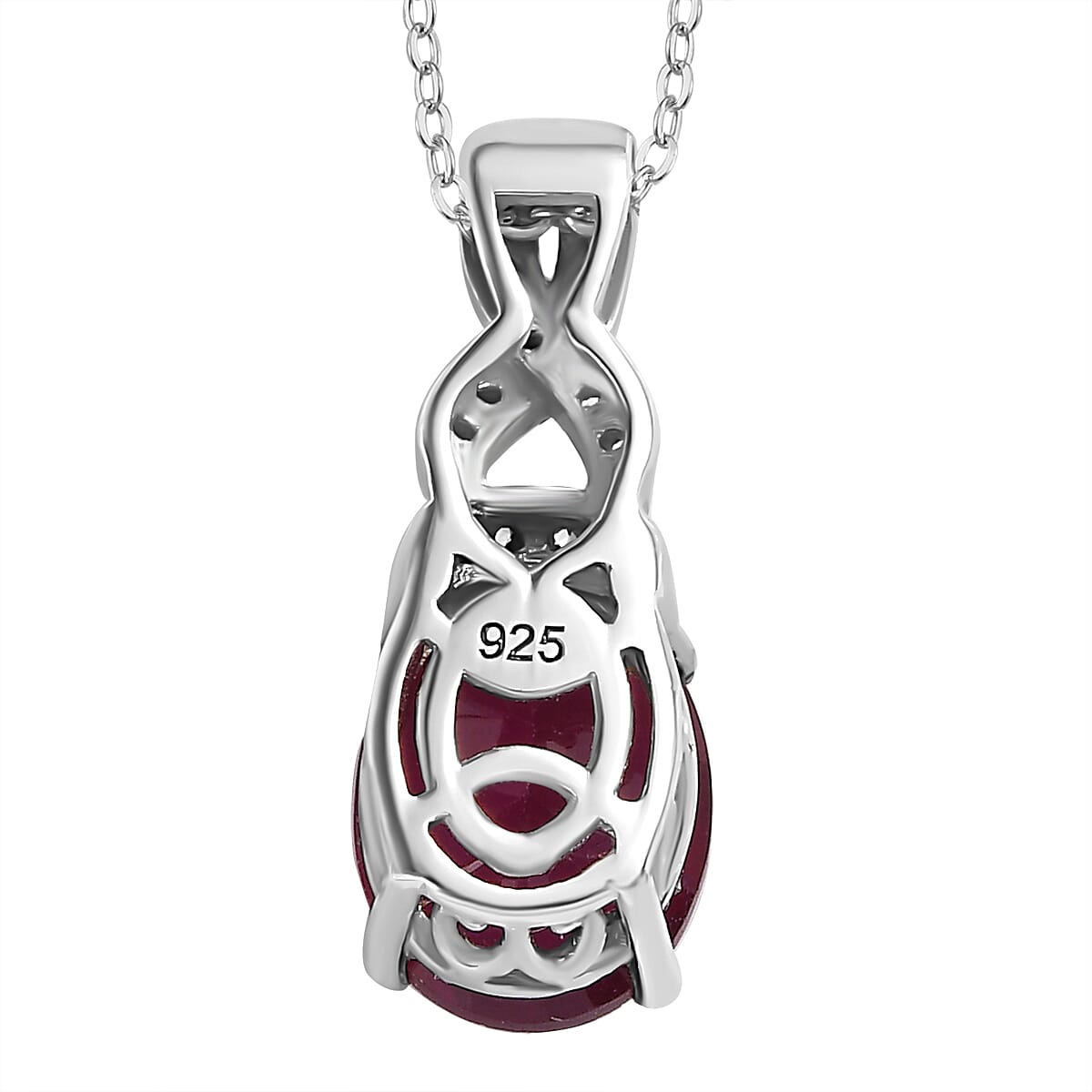 African Ruby, White Zircon Drop Pendant with Chain (Size 20) in Rhodium Ovelray Sterling Silver 4300366 5