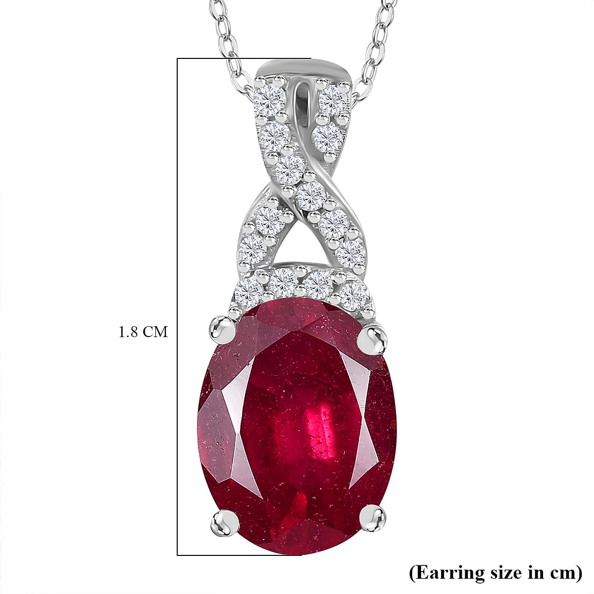 African Ruby, White Zircon Drop Pendant with Chain (Size 20) in Rhodium Ovelray Sterling Silver 4300366 6