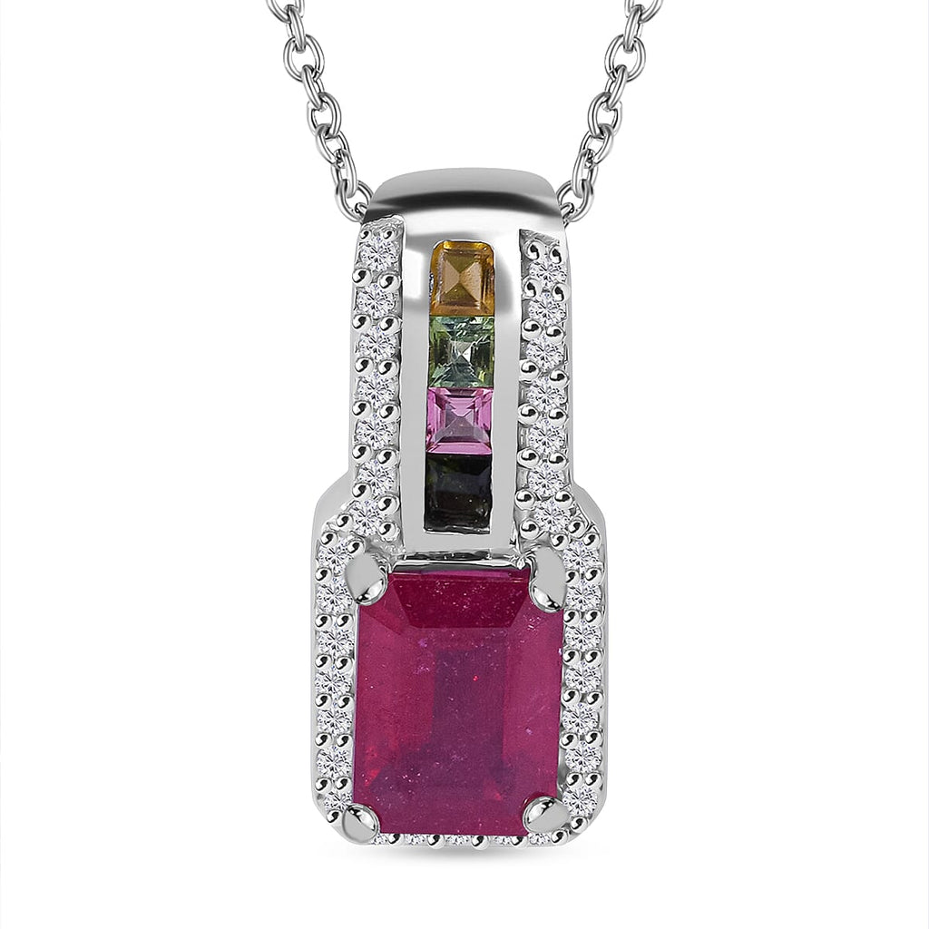 African Ruby, Natural Zircon & Rainbow Sapphire Pendant with Chain (Size 20) in Rhodium Overlay Sterling Silver 2.75 Ct