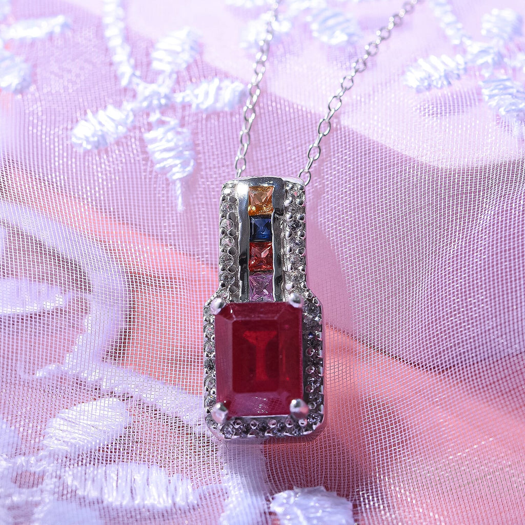 African Ruby, Natural Zircon & Rainbow Sapphire Pendant with Chain (Size 20) in Rhodium Overlay Sterling Silver 2.75 Ct