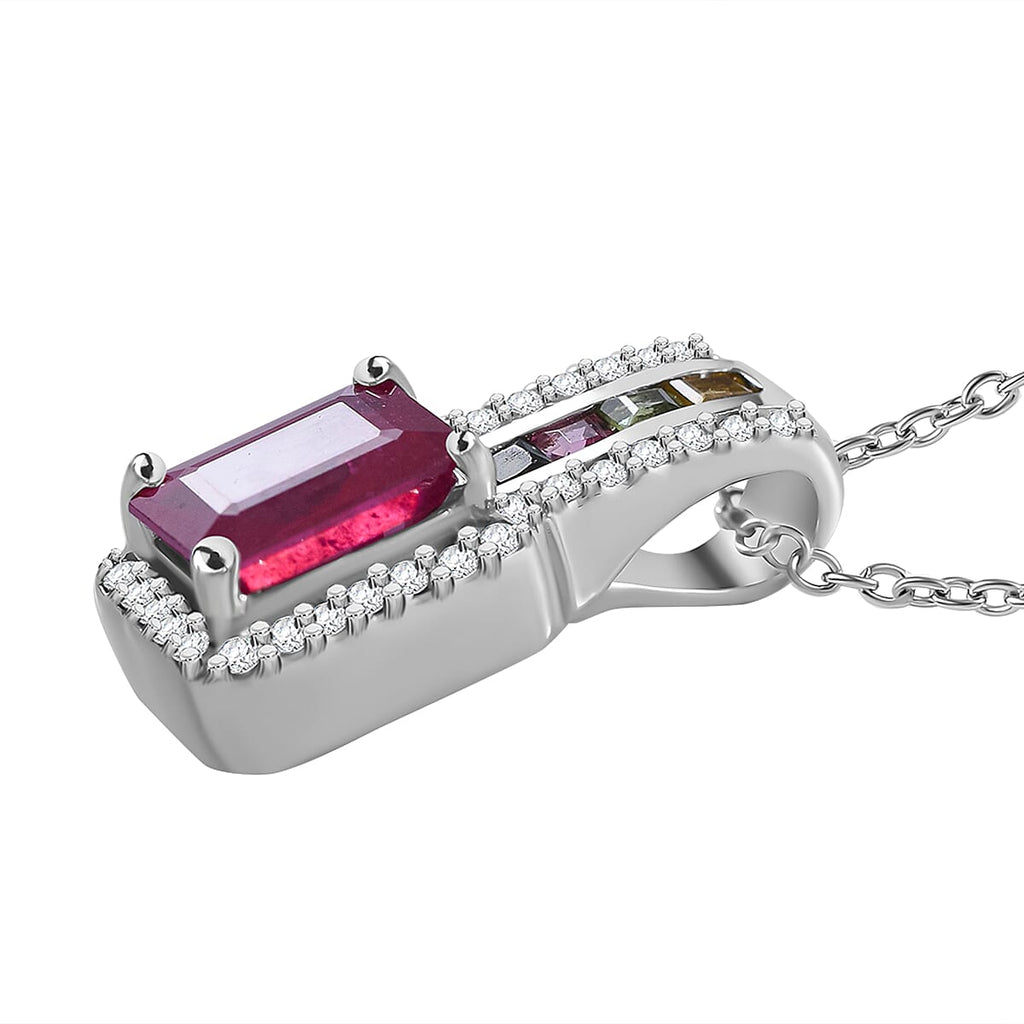 African Ruby, Natural Zircon & Rainbow Sapphire Pendant with Chain (Size 20) in Rhodium Overlay Sterling Silver 2.75 Ct