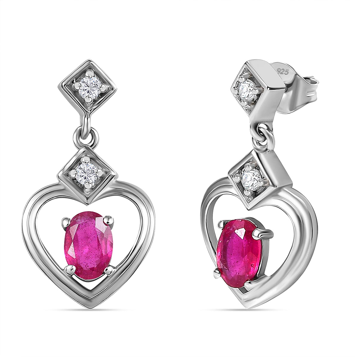 African Ruby &amp; White Zircon Solitaire Stud Push Back Earrings in Rhodium Overlay Sterling Silver 1.48 Ct. 8042118 0