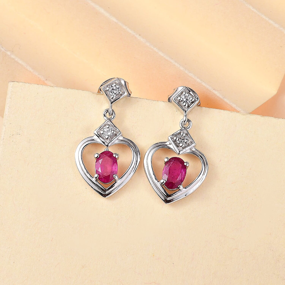 African Ruby &amp; White Zircon Solitaire Stud Push Back Earrings in Rhodium Overlay Sterling Silver 1.48 Ct. 8042118 2